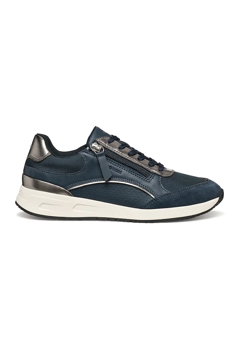 Pantofi sport din piele ecologica cu garnituri din piele intoarsa, Argintiu/Bleumarin