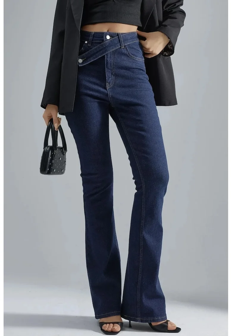 Blugi dama  denim albastru inchis, talie inalta, picior lat