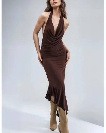 Rochie midi  cu guler tip fular, detalii drapate, maro, jerseu