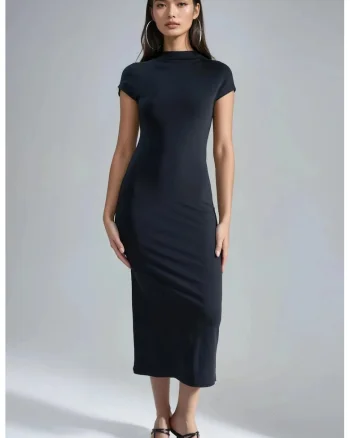 Rochie Midi  Slim Fit, Guler Rotund, Negru, Jerseu