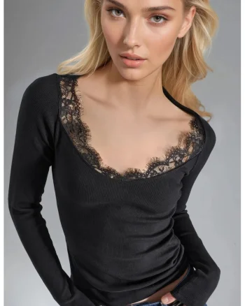 Bluza dama,  Negru, Jerseu, Decolteu in V