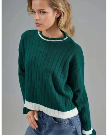 Pulover tricotat dama MY FASHION, cu guler rotund, dungi, verde smarald/alb, tricot, One Size