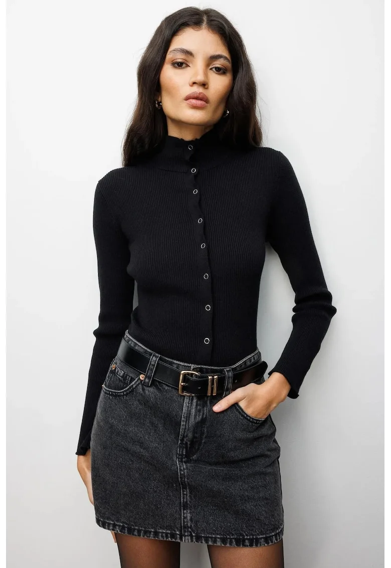 Cardigan dama,  Slim Fit, guler inalt, negru, tricot