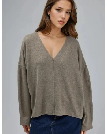 Bluza dama,  Maro deschis, Jerseu, Decolteu in V