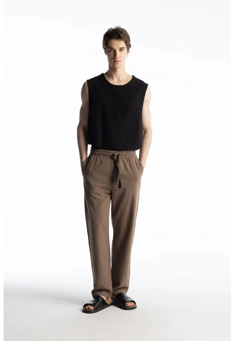 Pantaloni barbati,  snur in talie, maro mocha, bumbac 100%