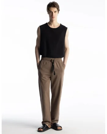 Pantaloni barbati,  snur in talie, maro mocha, bumbac 100%