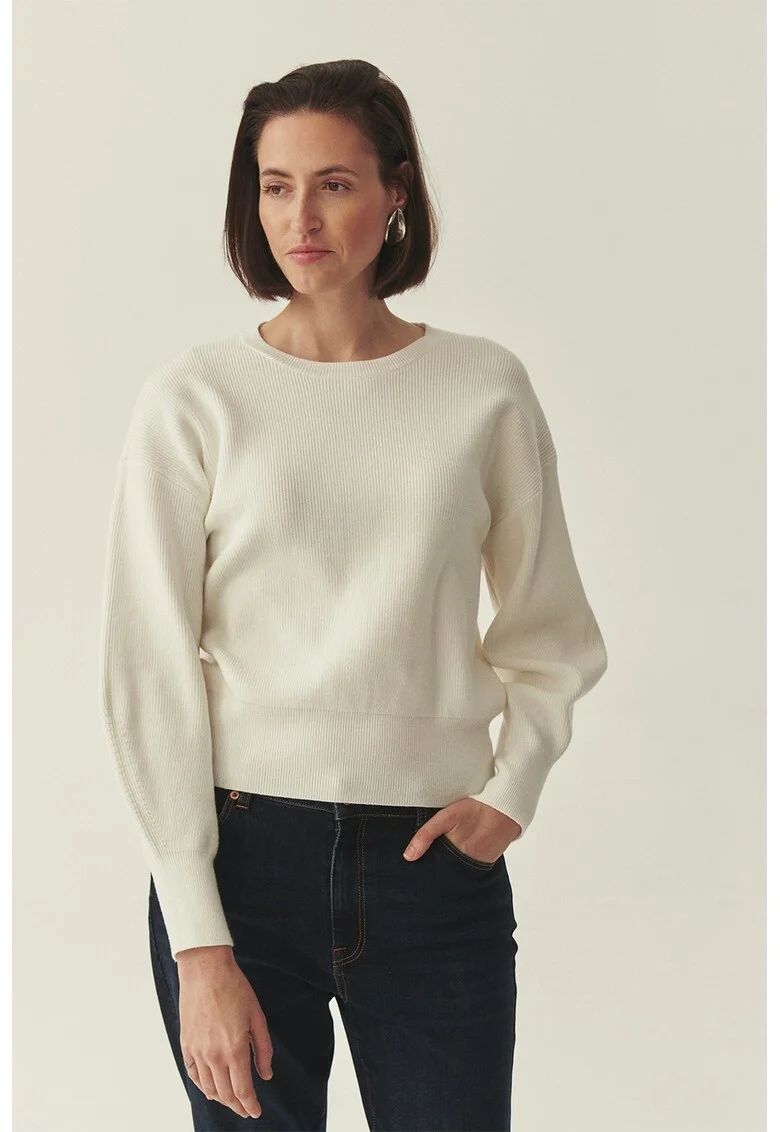 Pulover striat cu maneci cazute, Alb fildes