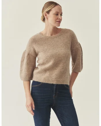 Pulover din amestec de lana cu maneci bufante, Maro camel