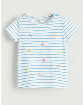 Tricou din amestec de bumbac cu model in dungi, Albastru pastel