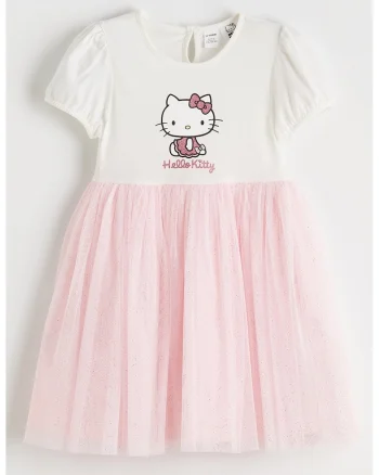 Rochie evazata cu tul, Alb/Roz pastel