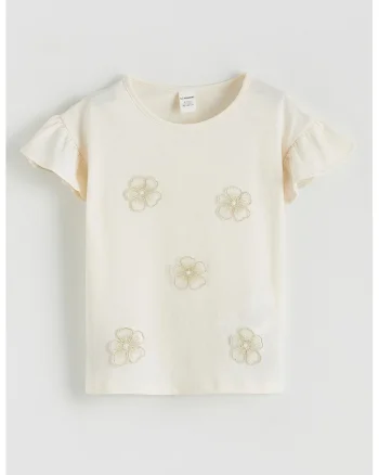 Tricou cu aplicatie florala, Crem
