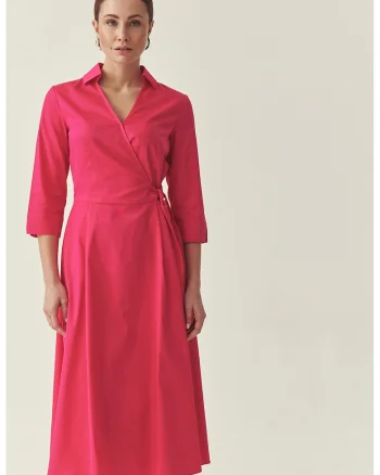 Rochie midi cu croiala petrecuta si guler clasic, Fucsia