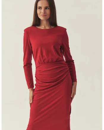 Rochie cu maneci lungi si detalii drapate, Rosu vermillion