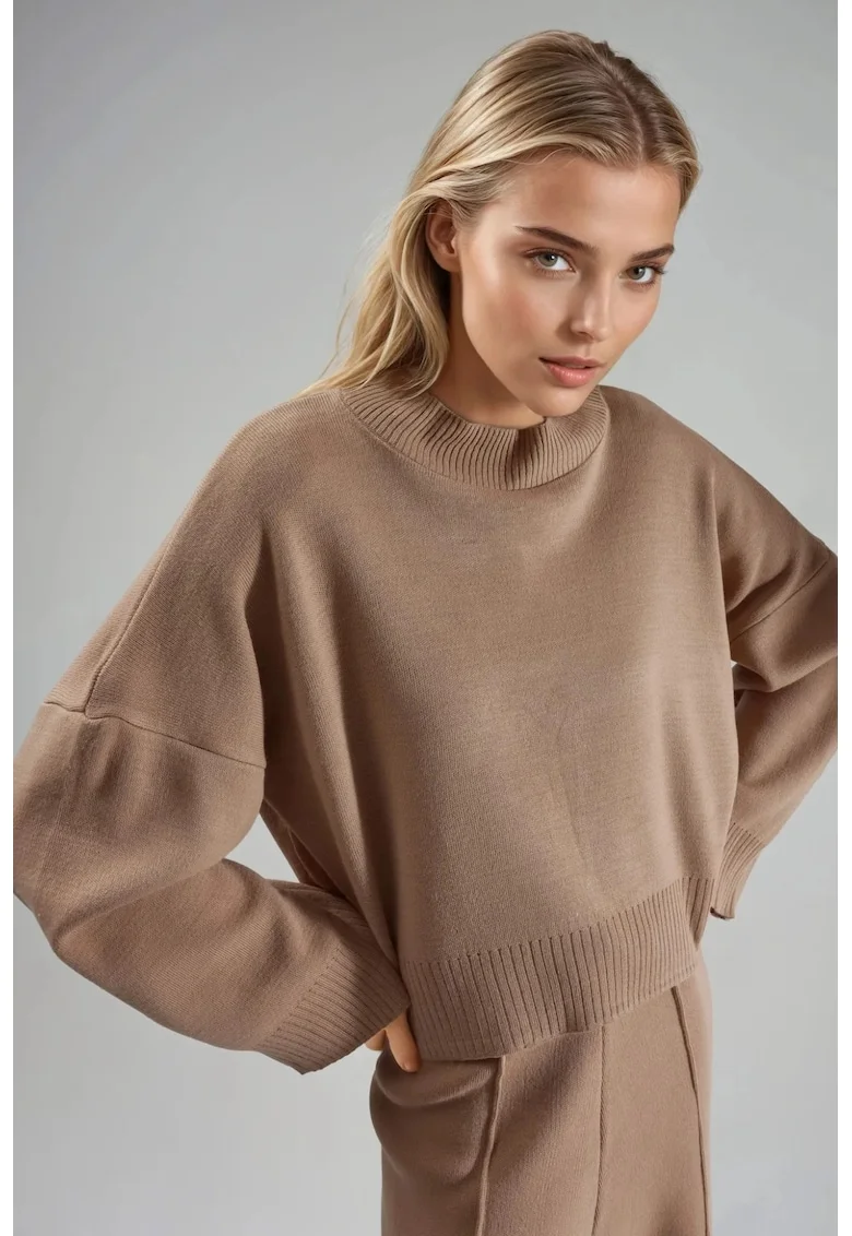 Pulover tricotat dama,  supradimensionat, guler inalt, acril, maro camel, One Size