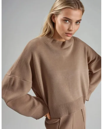 Pulover tricotat dama,  supradimensionat, guler inalt, acril, maro camel, One Size