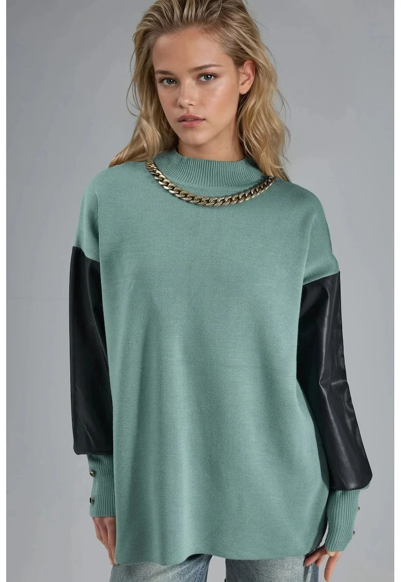 Pulover dama,  tricot/Piele Ecologica, Verde salvie, One Size