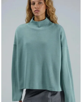 Pulover dama,  supradimensionat, guler inalt, verde salvie, tricot, One Size