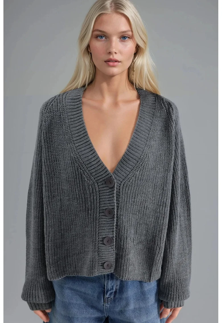 Cardigan scurt dama,  tricot, cu nasturi, gri inchis, One Size