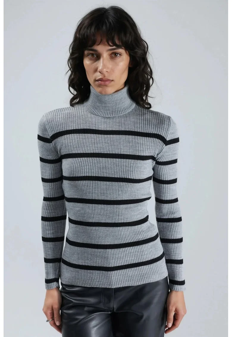 Pulover dama,  mulat, gri inchis/negru, tricot, One Size