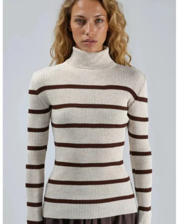 Pulover dama,  mulat, dungi, guler inalt, tricot, alb/maro, One Size