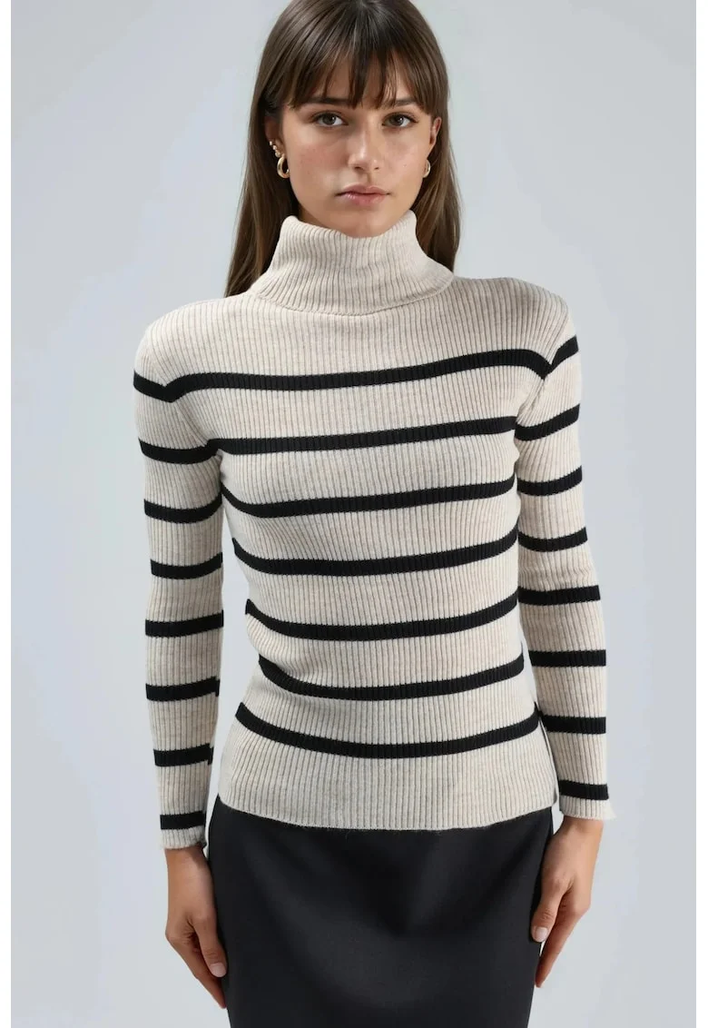 Pulover dama,  mulat, cu dungi, bej/negru, tricot, One Size