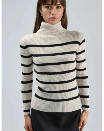 Pulover dama,  mulat, cu dungi, bej/negru, tricot, One Size
