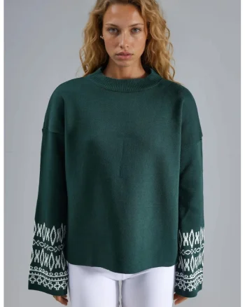Pulover dama,  acril, guler rotund, verde smarald/alb, One Size