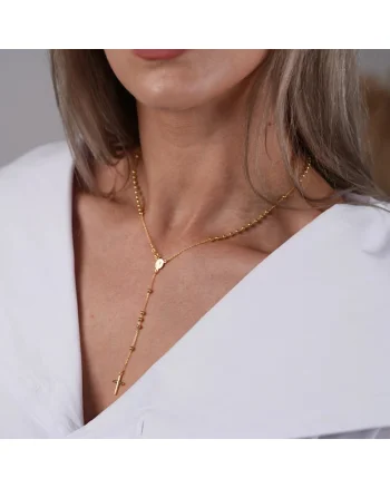 Colier din aur galben de 14K cu cruce si medalion Fecioara Maria, bile de 3mm, 4.86g