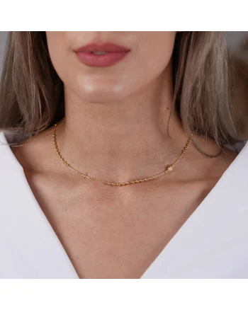 Rozariu la baza gatului din aur galben de 14K, cu cruce si bile de 3mm