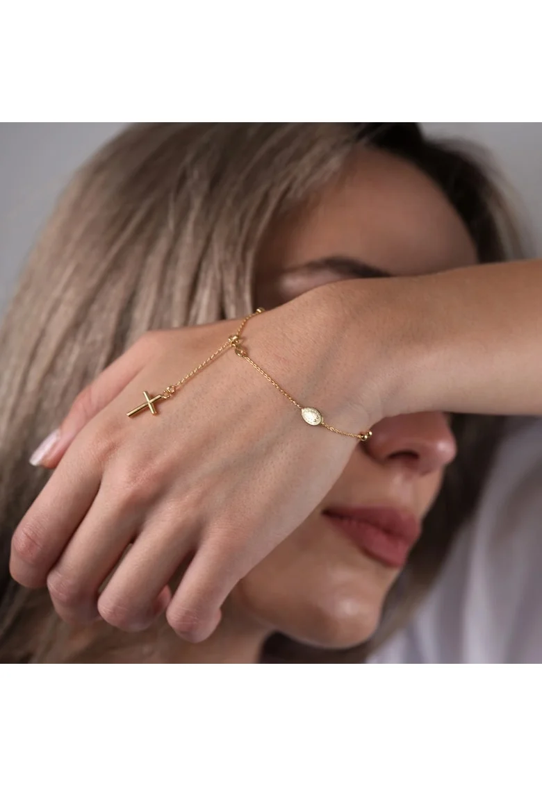 Bratara rozariu din aur galben de 14K cu cruce