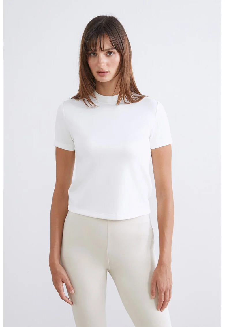 Tricou uni cu decolteu la baza gatului, Alb murdar/Transparent