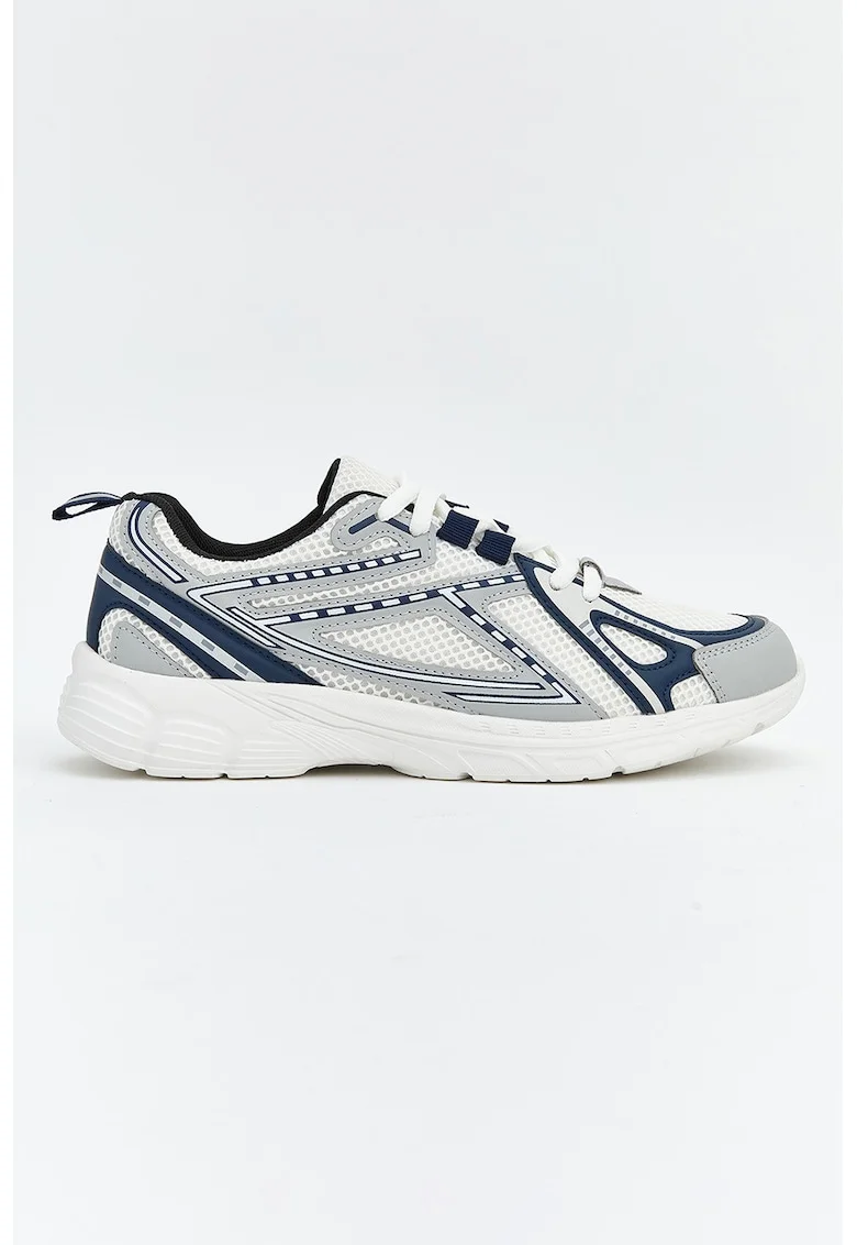 Pantofi sport de piele ecologica cu insertii de plasa, Alb/Gri deschis