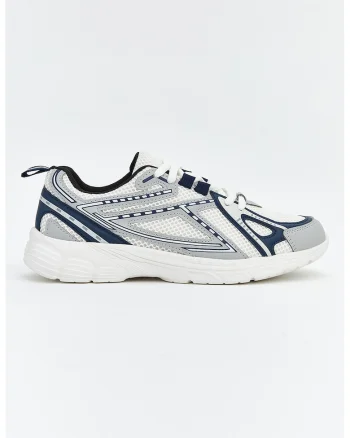 Pantofi sport de piele ecologica cu insertii de plasa, Alb/Gri deschis