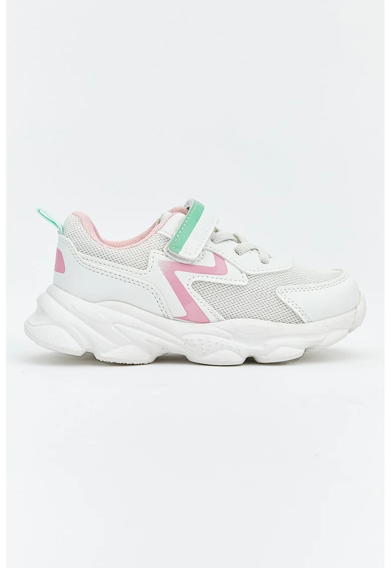 Pantofi sport de piele ecologica si plasa, Alb/Roz