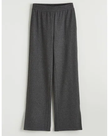 Pantaloni cu talie medie si model uni, Gri inchis melange