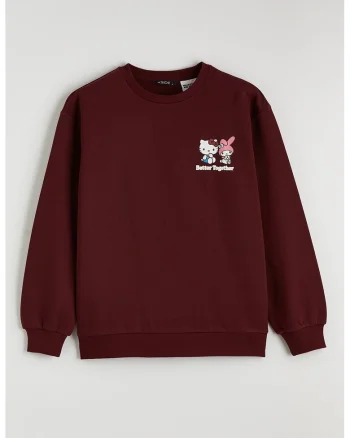 Bluza supradimensionata de trening cu Hello Kitty si imprimeu Friends, Visiniu