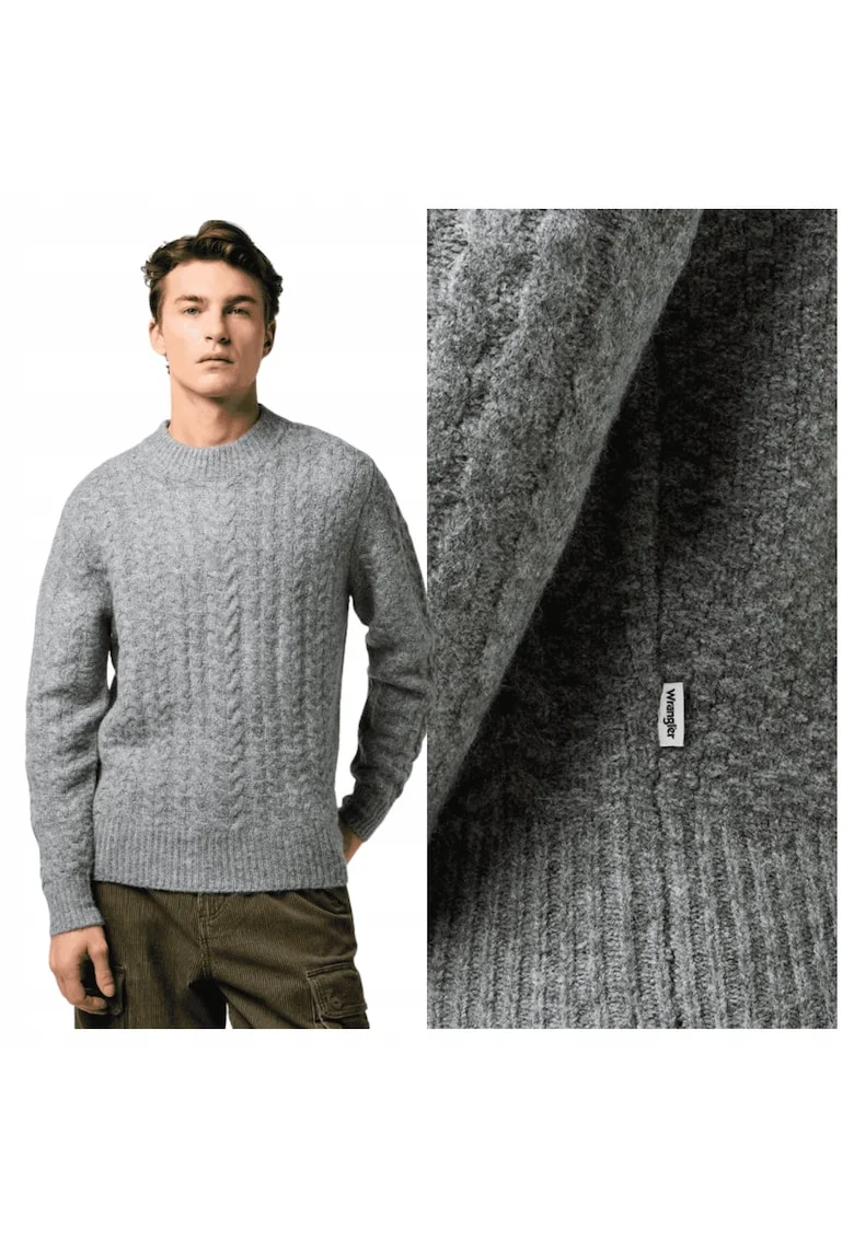 Pulover Barbati,  Cable Knit Sweater, Regular Fit, Decolteu Rotund, Caldura Si Confortabila, Design Clasic, Maneci Lungi, Poliester, Gri, Gri