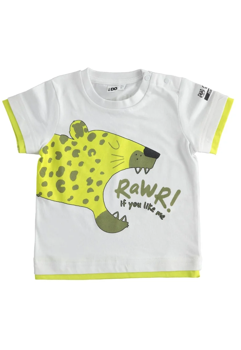 Tricou baieti iDO din bumbac 100%, cu imprimeu leopard verde si mesaj Rawr, maneca scurta, Alb, Galben,