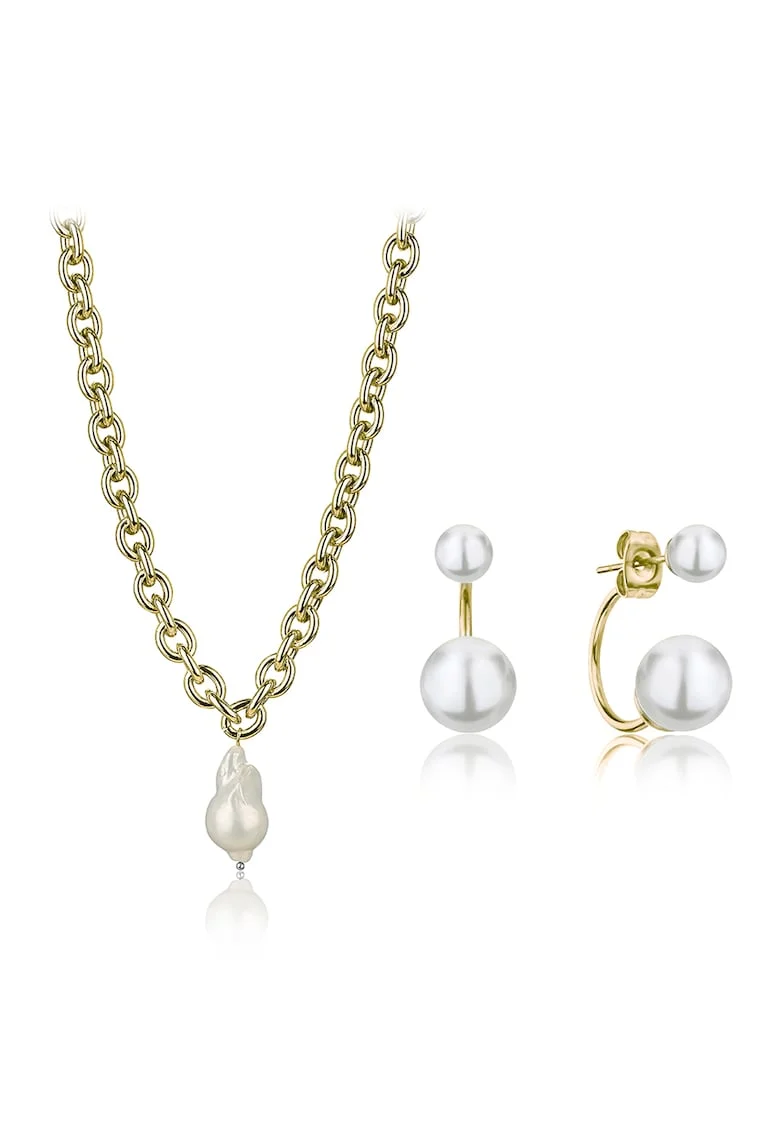 Set de colier si cercei cu perle de apa dulce, Alb, Alb/Auriu