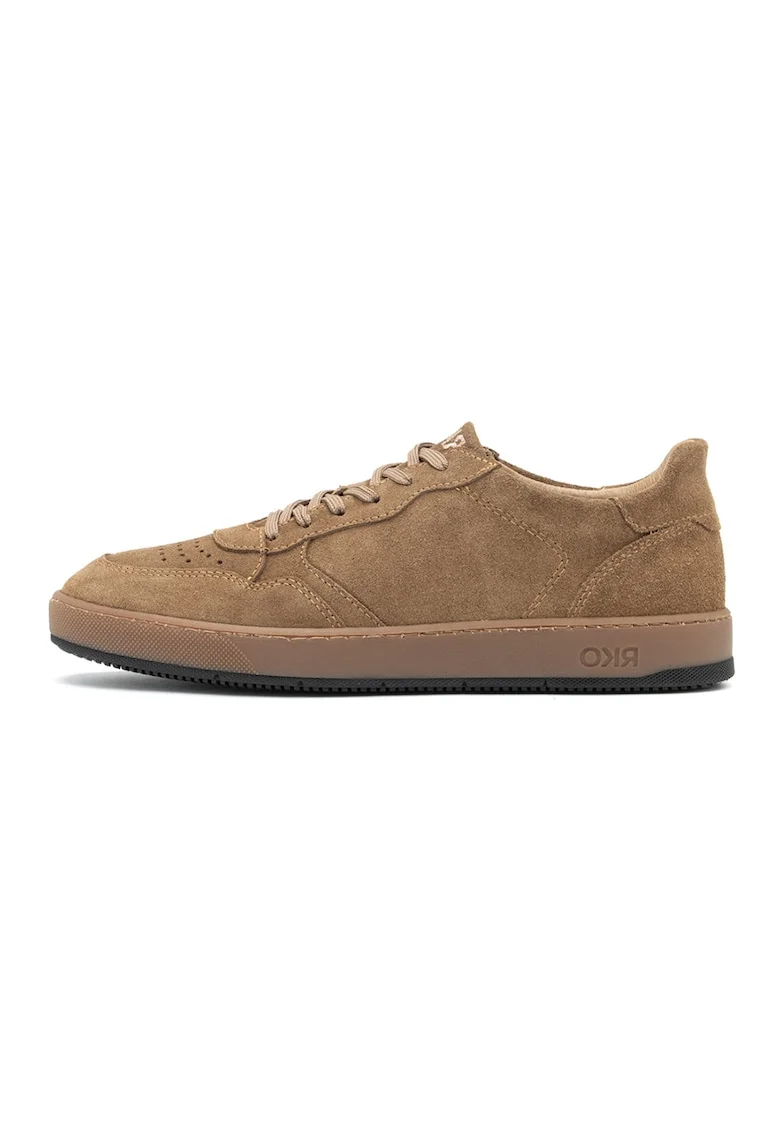 Pantofi sport din piele intoarsa cu detalii perforate, Caramel