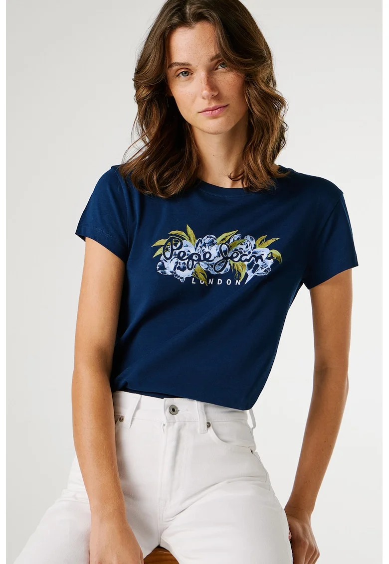 Tricou din bumbac cu logo pe piept si imprimeu floral, Bleumarin