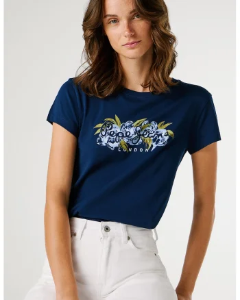 Tricou din bumbac cu logo pe piept si imprimeu floral, Bleumarin