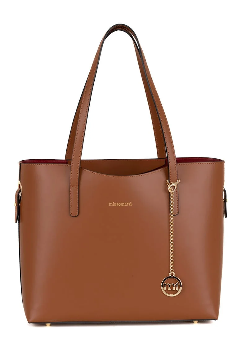 Geanta shopper din piele cu accesoriu logo detasabil, Maro scortisoara