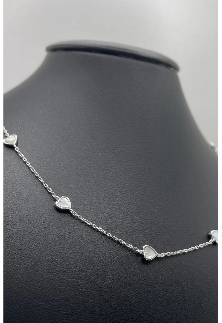 Colier din argint veritabil cu inimi Mother of Pearl, Alb rece/Argintiu