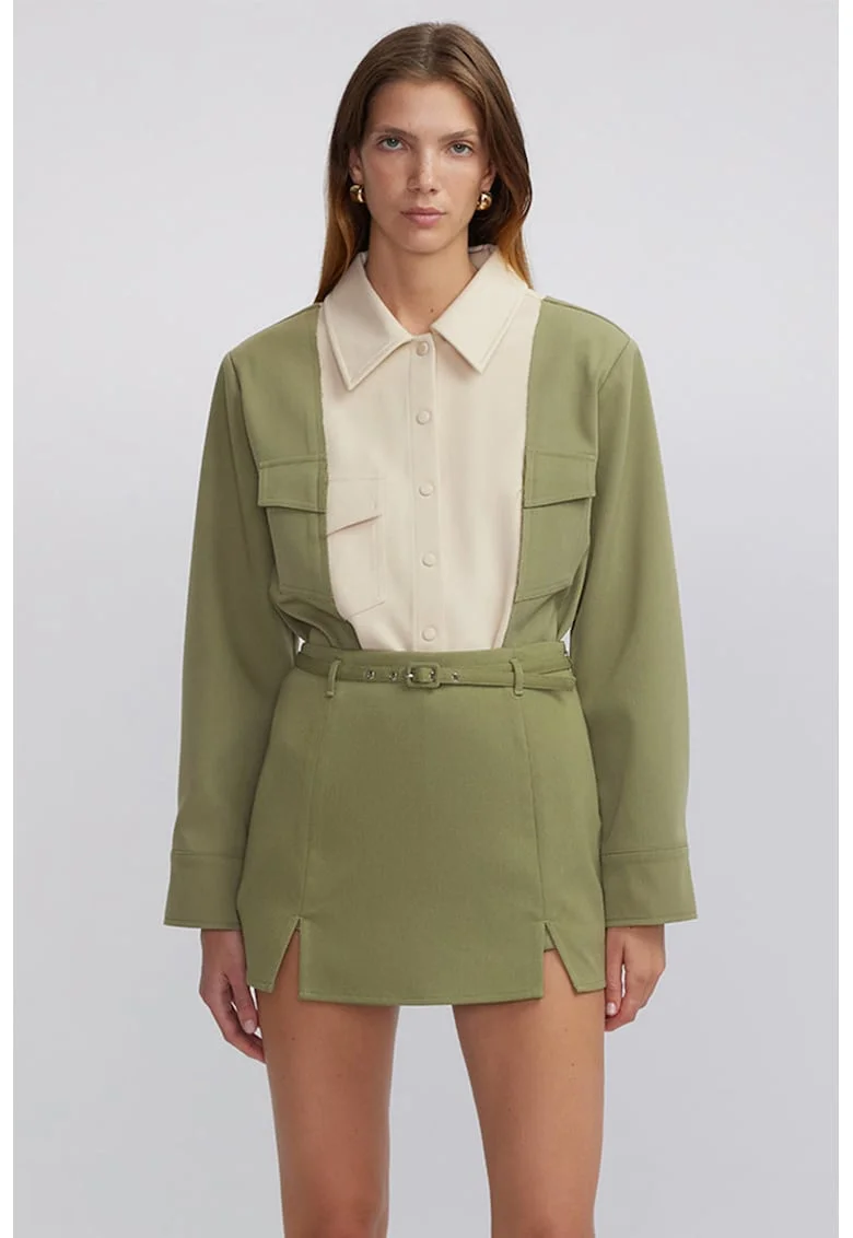 Fusta-pantalon uni cu o curea subtire in talie, Verde sparanghel