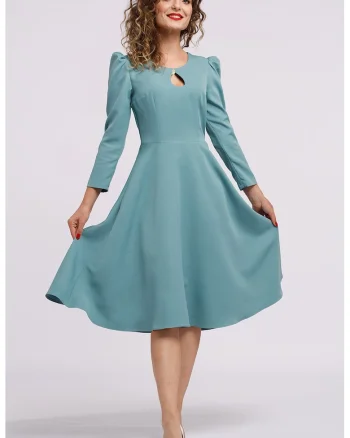 Rochie cu maneci lungi si decupaj keyhole, Albastru prafuit