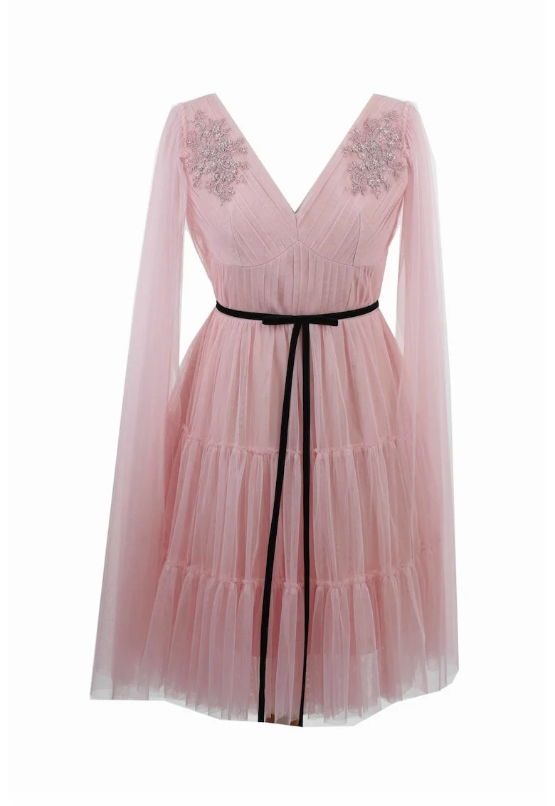 Rochie de seara midi din tul cu centura si broderie DARINNA, Roz deschis