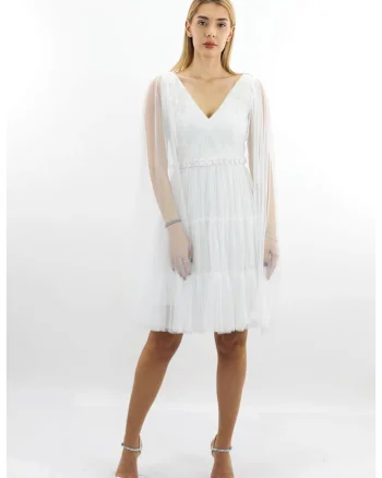 Rochie de seara midi din tul cu centura DARINNA, Alb