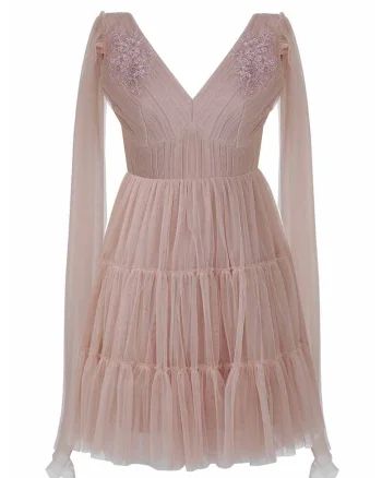 Rochie din tul cu decolteu in V si broderie florala