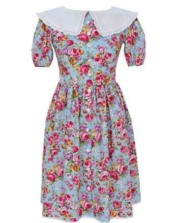Rochie cu model floral si guler Peter Pan Milla, Alb/Roz/Albastru